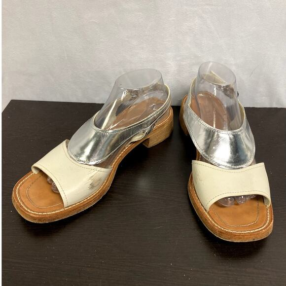 PRADA White Leather Metallic Silver Slingback Sandals Women's Size 40 Open Toe - Picture 1 of 11
